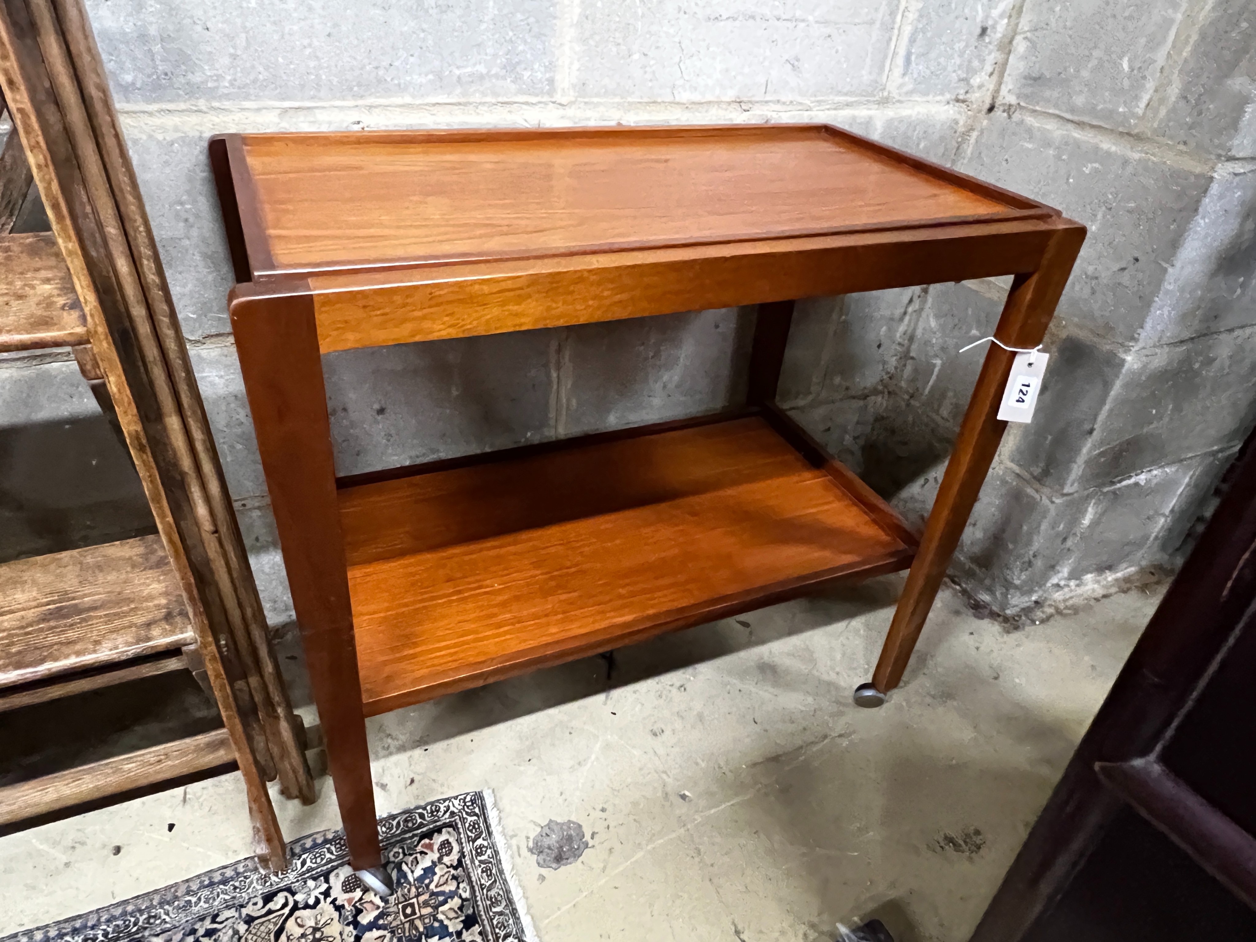 A Remploy teak two tier tea trolley, width 71cm, depth 41cm, height 68cm